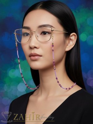   Стилана верижка 3-в-1 изработена от фини лилави мъниста и кристални акценти, дълга 78 см - N1698